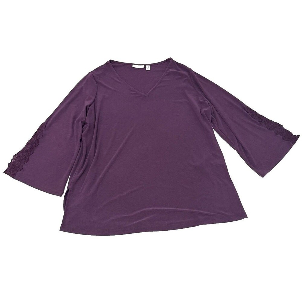 Susan Graver Plum Purple Blouse Top 3/4 Bell Sleeve Lace Detail Plus Size 1 X